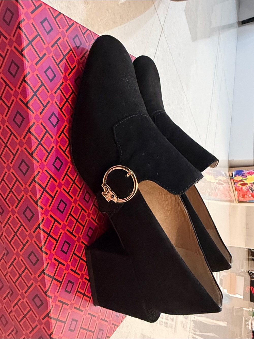 Tory Burch Black Suede Block Heel Booties with Gold Ring Accent
